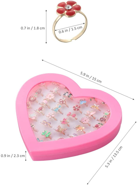 (Link 5)《Special Offer》Childrens Rings, Hillylolly Girls Ring Sets for Kids, 36 Pieces Princess Rings for Girls, Adjustable Rings for Girls, with Heart Shaped Box Pink, Pretend Play and Dress up Rings, Random Style