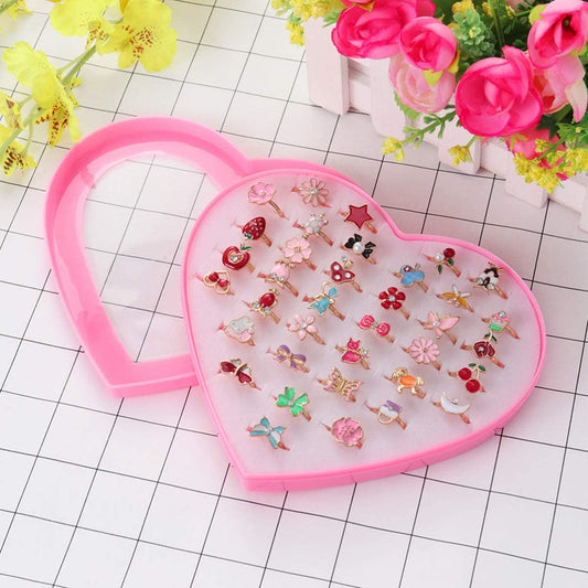 (Link 5)《Special Offer》Childrens Rings, Hillylolly Girls Ring Sets for Kids, 36 Pieces Princess Rings for Girls, Adjustable Rings for Girls, with Heart Shaped Box Pink, Pretend Play and Dress up Rings, Random Style